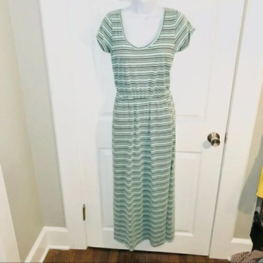 Derek Heart Mint Green Gray Stripe Cutout Back Maxi T-Shirt Dress  M